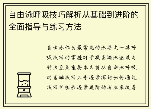 自由泳呼吸技巧解析从基础到进阶的全面指导与练习方法 自由泳呼吸技巧解析从基础到进阶的全面指导与练习方法